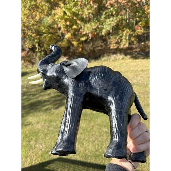 Vintage Leather Wrapped Elephant Statue W Tusks, Trunk Up Black 13”L x 13”H - Picture 4 of 13